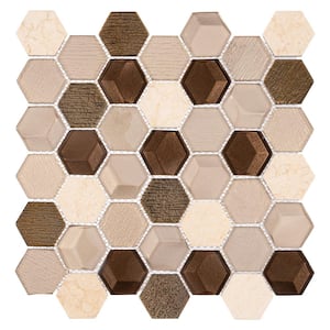 Xen Beez Tan/Brown/Gold 12 in. x 11-7/8 in. Hexagon Smooth Glass and Stone Mosaic Wall Tile (4.95 sq. ft./Case)