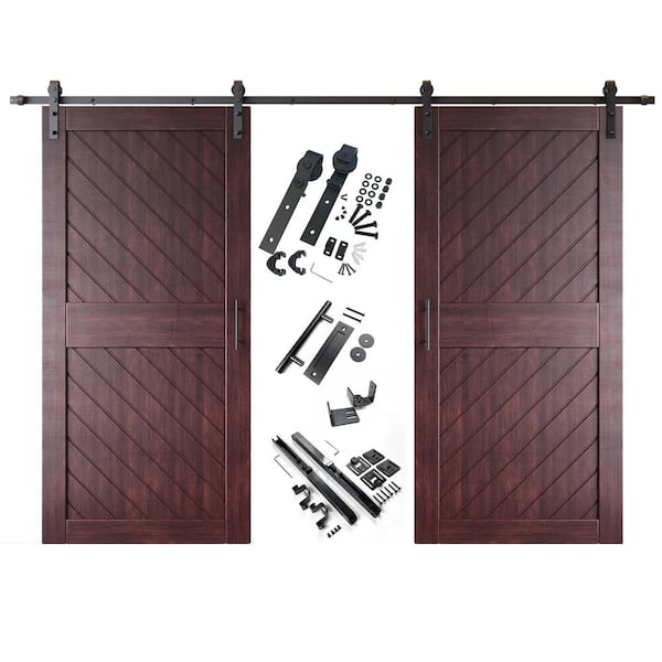 HOMACER XT2 32 in. x 84 in. C-Panel Red Mahogany Slanted Stripe Design Double Pine Wood Sliding Barn Door with Hardware Kit