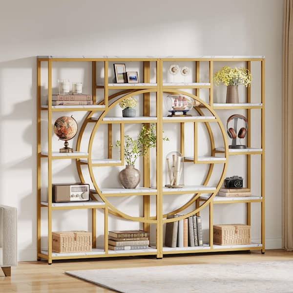 BYBLIGHT Industrial 68.89 in. Tall White and Gold Wood 9-Shelf Etagere Bookcase, Bookshelf with 9 Open Shelves (Set of 2)