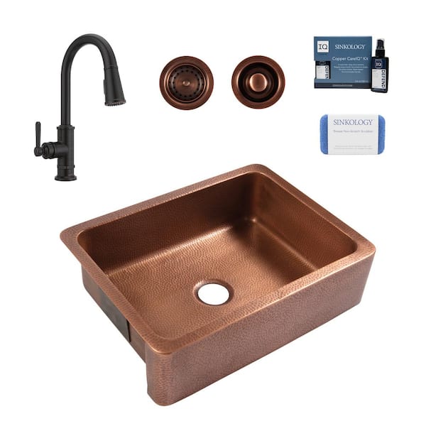 SINKOLOGY Lange 30 in. Farmhouse Apron Front Undermount Single Bowl 16 Gauge Antique Copper Kitchen Sink with Bronze Faucet Kit