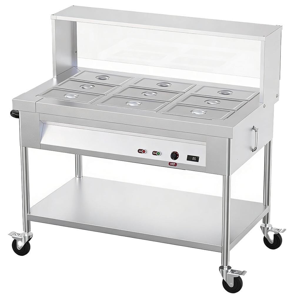 Commercial Electric Food Warmer, 9-Pan Steam Table with Lids, Acrylic Guard, 1500W Stainless Steel Serving Counter