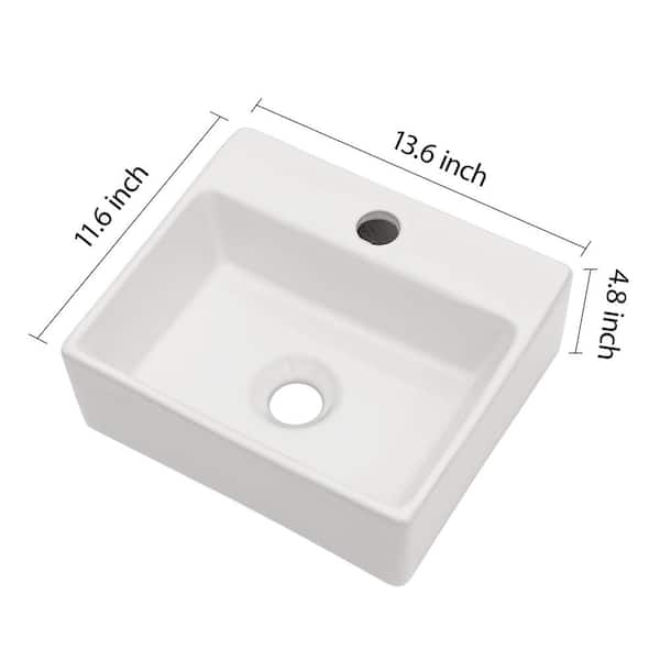 13.6 in. x 11.6 in. White Ceramic Rectangular Wall Hung Vessel Sink with Single Faucet Hole for Small Bathroom