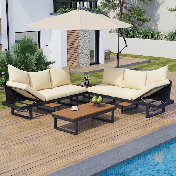 7-Piece Metal Iron Adjustable Reclining Patio Conversation Sectional Seating Set with Beige Cushions