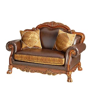 Dresden 40 in. Brown PU and Chenille, Cherry Oak Polyester 2-Seats Loveseats with 2 Pillows