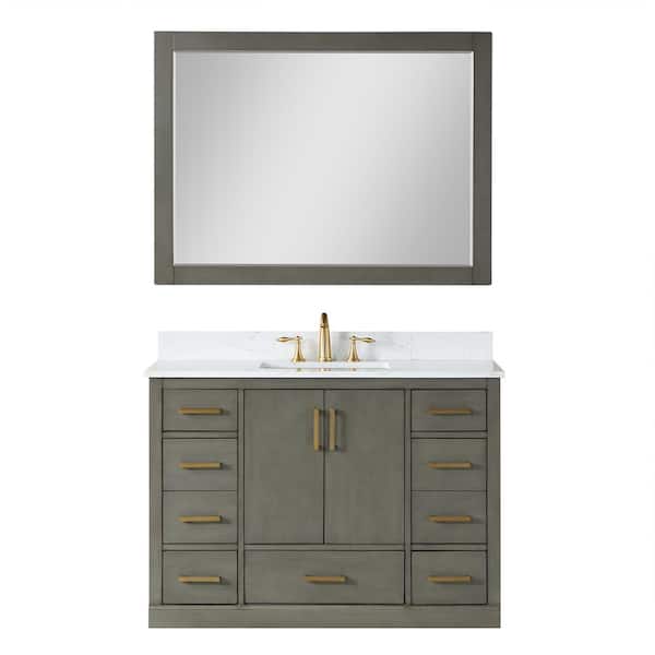Altair Monna 48 in. W x 22 in. D x 34 in. H Single Sink Bath Vanity in Gray Pine with White Composite Stone Top and Mirror