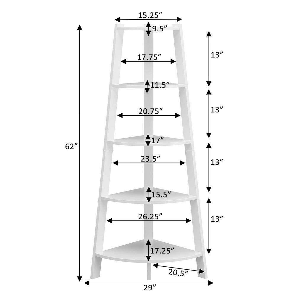 White 5-Tier Corner Bookcase with Wide Shelves