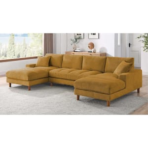132 in. Square Arm Polyester Corduroy Upholstery U-Shaped Chaise Deep-Seated Oversized 3-Piece Sectional Sofa in Yellow