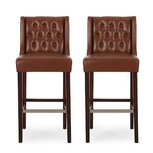 Bayliss 44.25 in. Cognac Brown High Back Wood Bar Height Foot Rest Bar Stool with Faux Leather Seat (Set of 2)