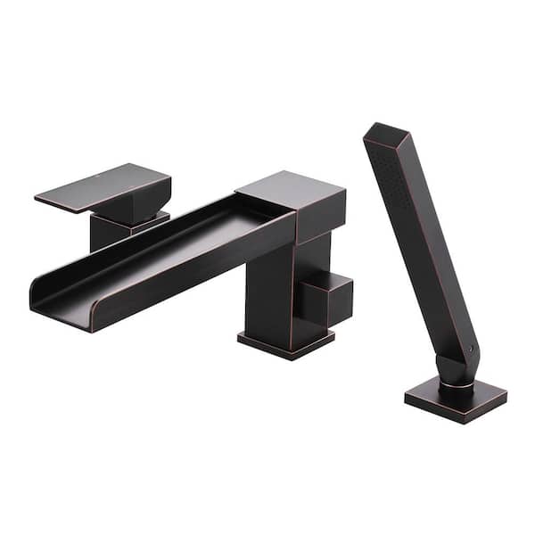 WOWOW Waterfall Single-Handle Deck-Mount Roman Tub Faucet with Hand Shower in Oil Rubbed Bronze