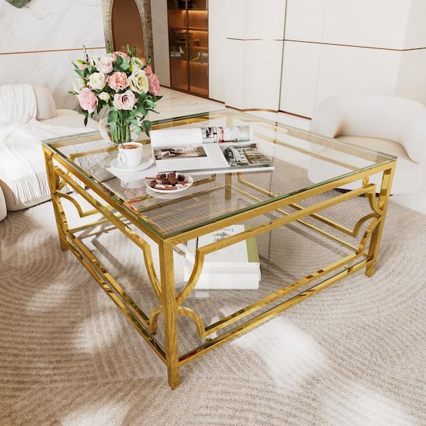 JUJABU 33.5 in. Transparent Gold Square Glass Coffee Table with