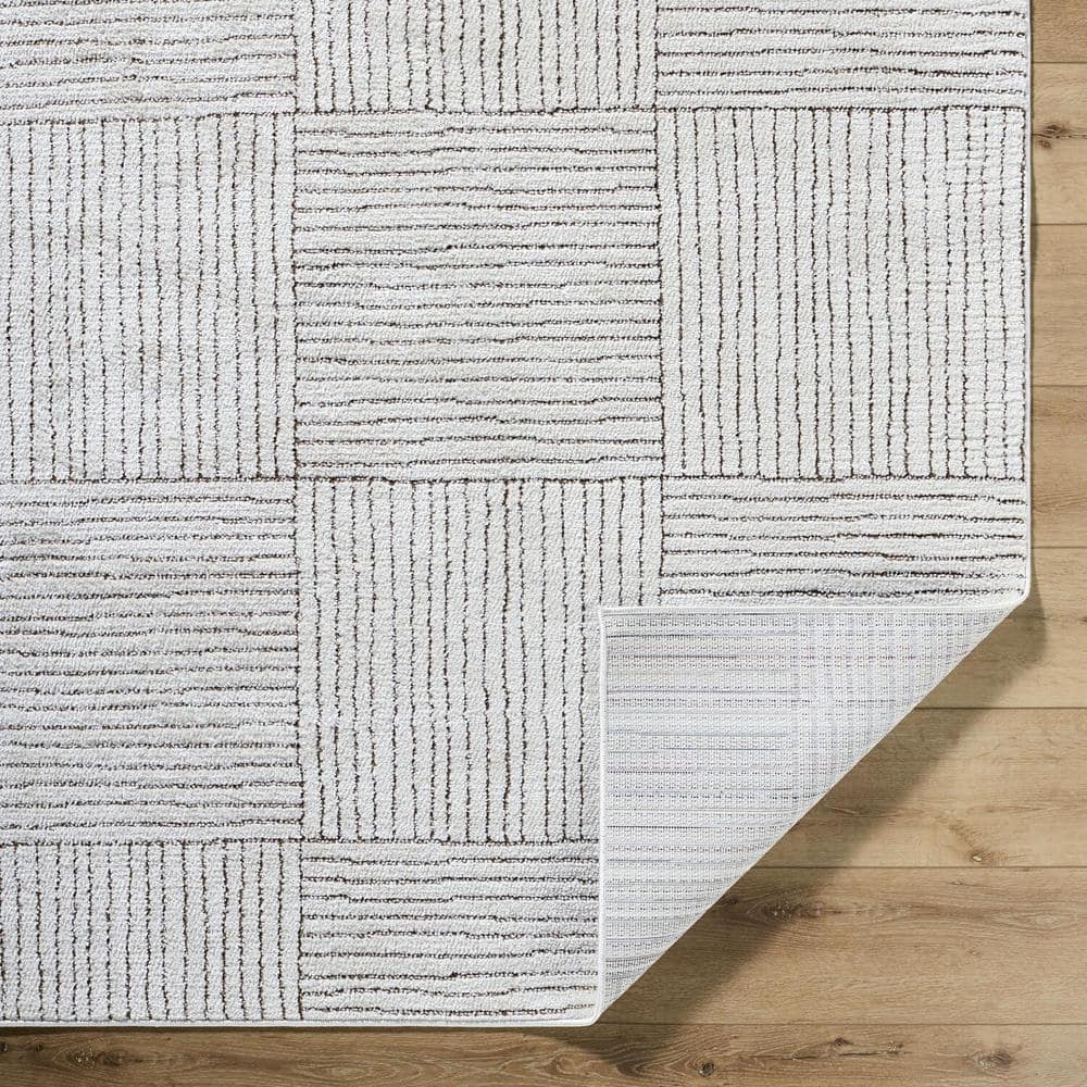 Ivory and Brown Geometric Synthetic Area Rug, 6'7" x 9'