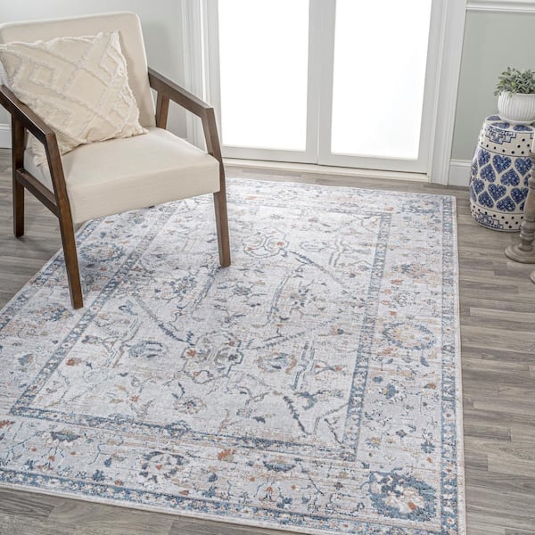 JONATHAN Y Brandy Gray/Blue 4 ft. x 6 ft. Rustic Border Low-Pile Machine-Washable Light Area Rug
