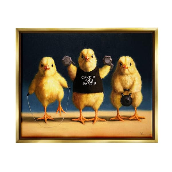 Stupell Industries Funny Exercise Workout Chicks by Lucia Heffernan 1 Piece Gold Floater Frame Animal Graphic Art Print 17 in. x 21 in.