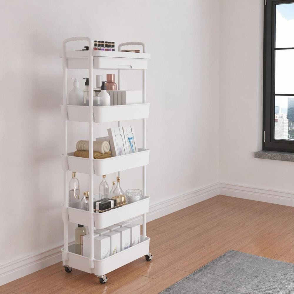 5-Tier White Adjustable Narrow Rolling Utility Cart with Drawer for Kitchen, Bathroom and Office Space-Saving