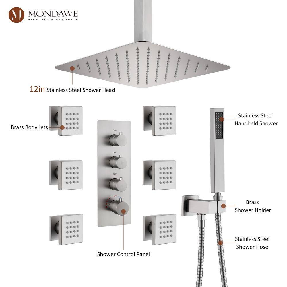 Brushed Nickel Ceiling Mounted Rain Shower System with Handheld and Body Jets