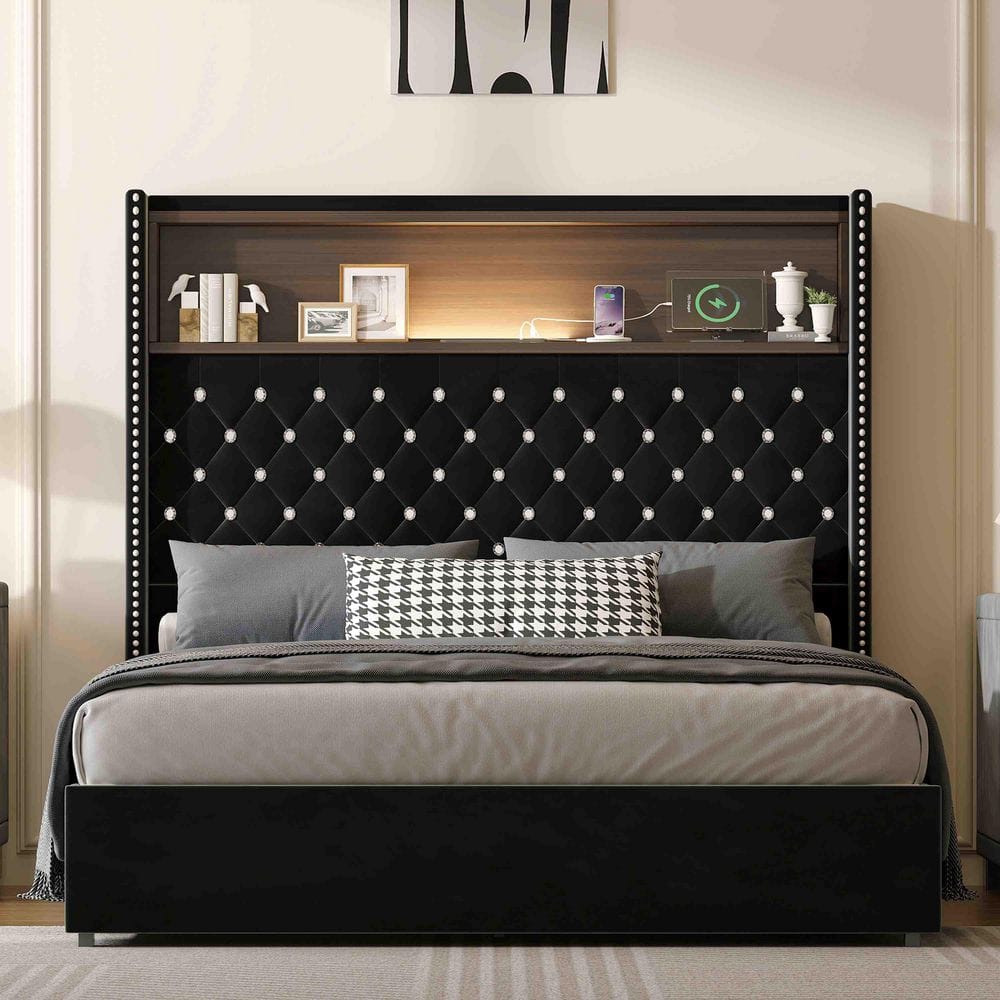 Black MDF Frame Full Platform Bed with USB Port ,Night Light and Headboard Shelf price history on PriceWatchPro