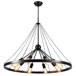 8-Light Black Large Farmhouse Wagon Wheel Chandelier Retro Pendant Light