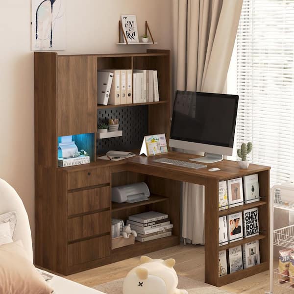 anpport 46 in. L-Shaped Brown Wood 4-Drawer Computer Desk with Open Shelves and Charging Station
