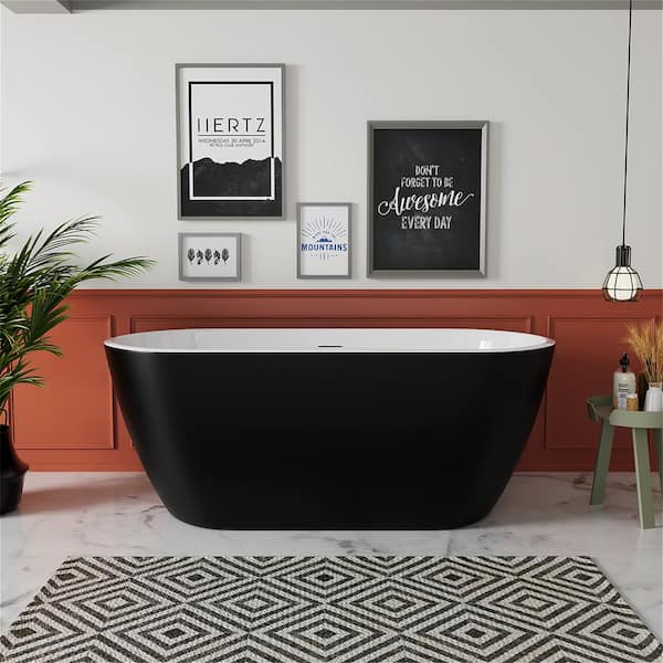 MYCASS AcryliBS 58.5 in. Acrylic Flatbottom Freestanding Soaking Bathtub Non-Whirlpool Oval Bathtub in Matte Black