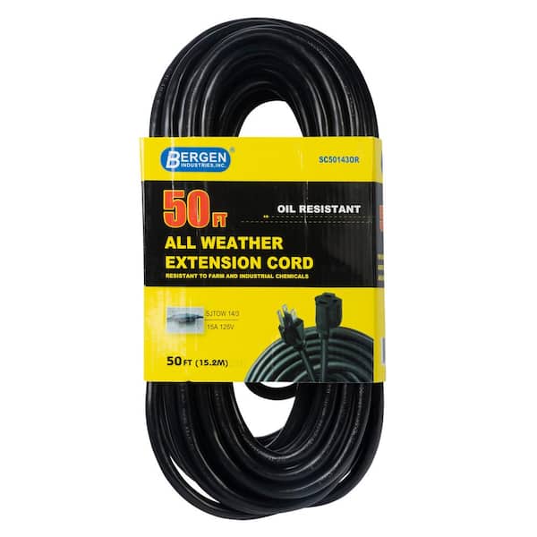 Bergen Industries 50 ft. 14/3 SJTOW 15 Amp/125-Volt All-Weather Farm and Shop Extension Cord in Black
