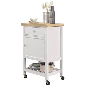 White Utility Kitchen Cart, Rolling Kitchen Island with Smooth Rubberwood Top, Narrow Butcher Block Surface on Wheels