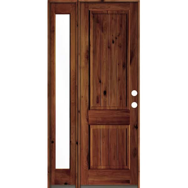 Krosswood Doors 46 in. x 96 in. Rustic Knotty Alder Left-Hand/Inswing Clear Glass Red Chestnut Stain Wood Prehung Front Door w/Sidelite