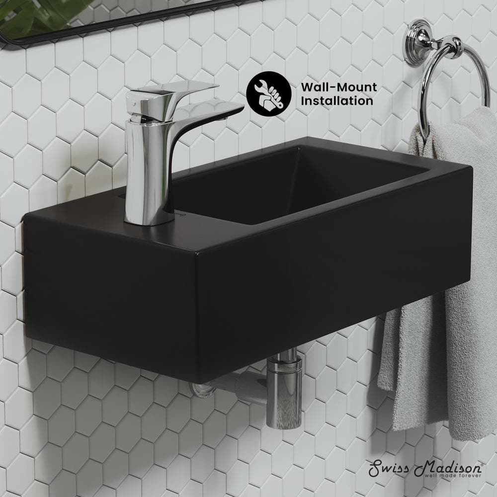 Matte Black Rectangular Ceramic Wall-Mounted Sink with Left Side Faucet
