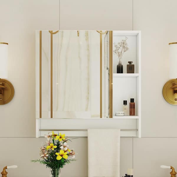 21.6 in. W x 22 in. H White Rectangular Wall Mounted Medicine Cabinet with Mirror, Shelves and Towel Rack