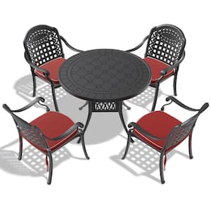 28.35 in. Black Cast Aluminum Round Table Outdoor Dining Set with Seat Cushions in Random Color (5-Piece)