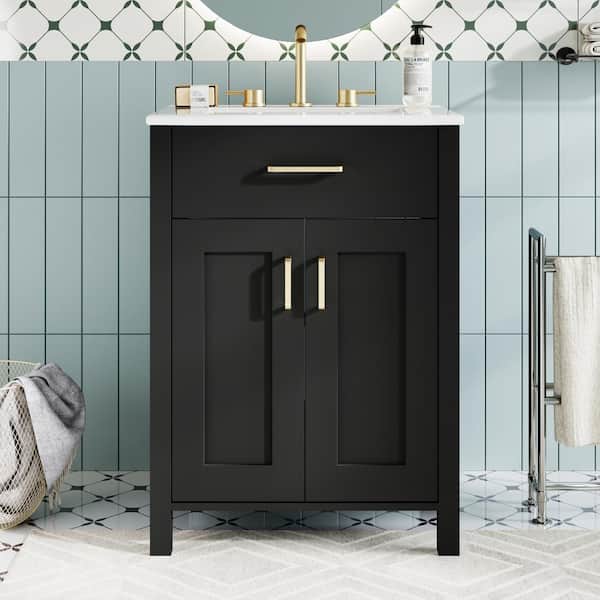 Qidian 24.2in.W x 18.5 in.D x 34 in.H Black Bathroom Vanity Freestanding ,Space-Saving Vanity,Top Ceramic with White Basin