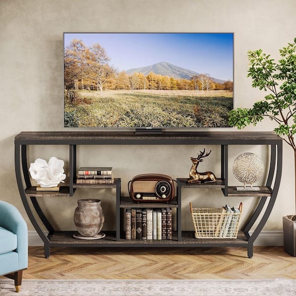 Ezlynn 70.9 in. Dark Gray Wood TV Stand Fits TVs Up to 55 to 80 in. with Open Storage Shelves Living Room Bedroom Home