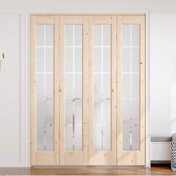 60 in. x 80 in. 3/4 Lite Frosted Glass Preassembled Solid Core Wood Spruce Bi-fold Door with Hardware