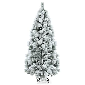 7 ft. White Unlit Snow Flocked Hinged Slim Artificial Christmas Tree w/Pine Needles