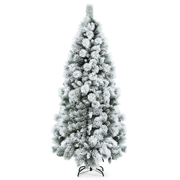 Costway 7 ft. White Unlit Snow Flocked Hinged Slim Artificial Christmas Tree w/Pine Needles