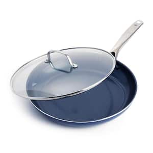 12 in. Aluminum Diamond Infused Toxin-free Nonstick Non-Induction Frying Pan Skillet in Blue with Handle and Glass Lid