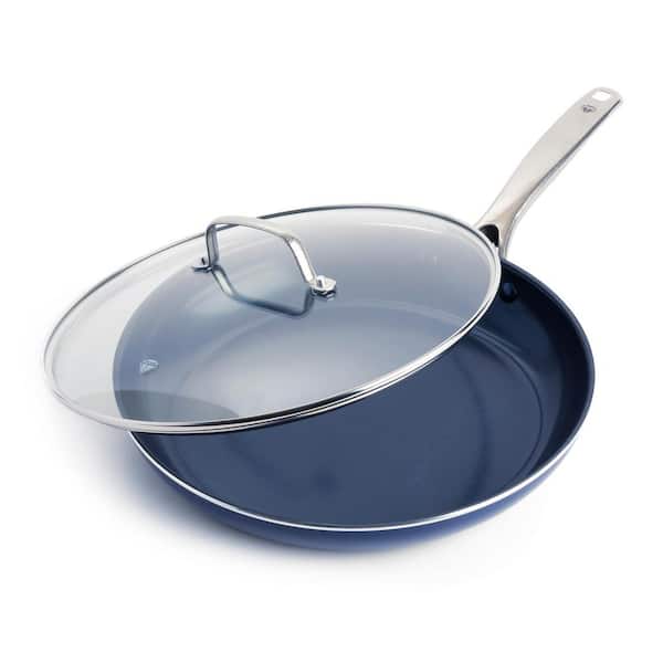 Adrinfly 12 in. Aluminum Diamond Infused Toxin-Gree Nonstick Non-Induction Frying Pan Skillet in Blue with Handle and Glass Lid