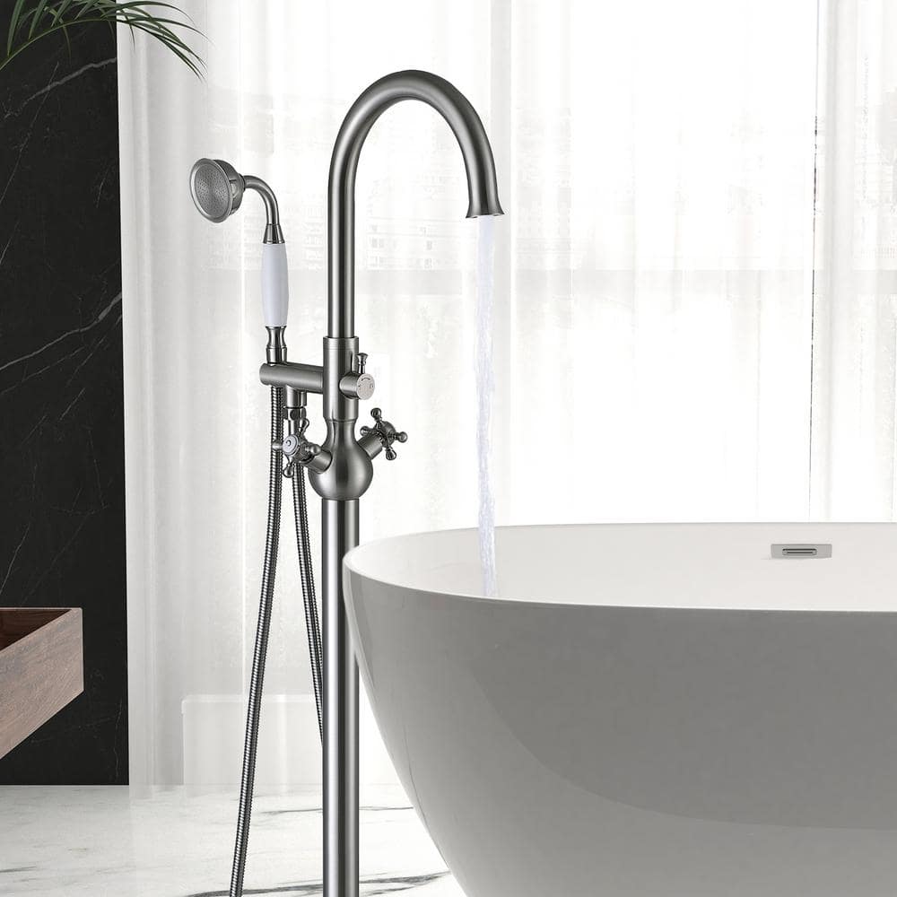 Brushed Nickel Freestanding Tub Filler with Handheld Shower