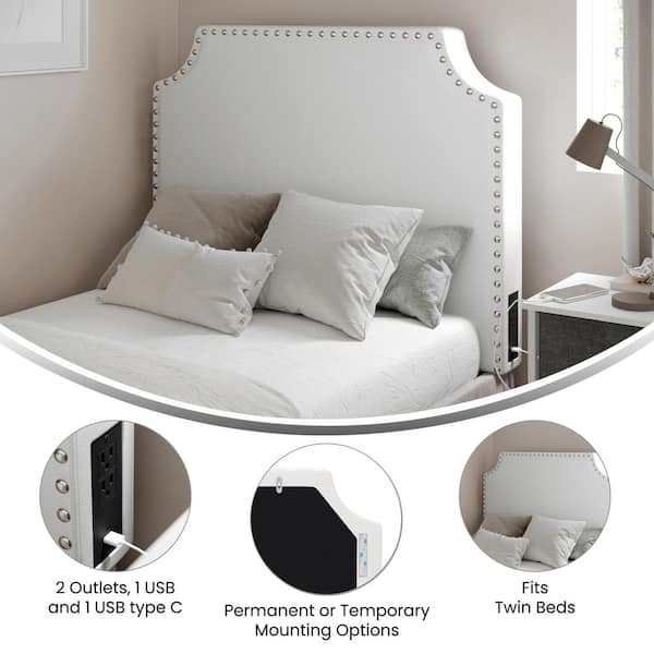 Adeline Contoured Twin Headboard with 2-Power Outlets, 1-USB, 1-USB Type-C Port, Studded LeatherSoft Upholstery in White