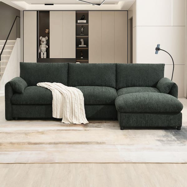96.5 in. Pillow Top Arm Chenille Sofa in Green with Storage Ottoman and Pockets