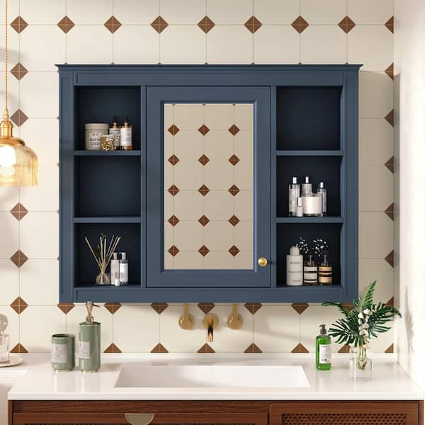35.03 in. W x 27.5 in. H Rectangular MDF Medicine Cabinet in Blue with Mirror and 6-Open Shelves