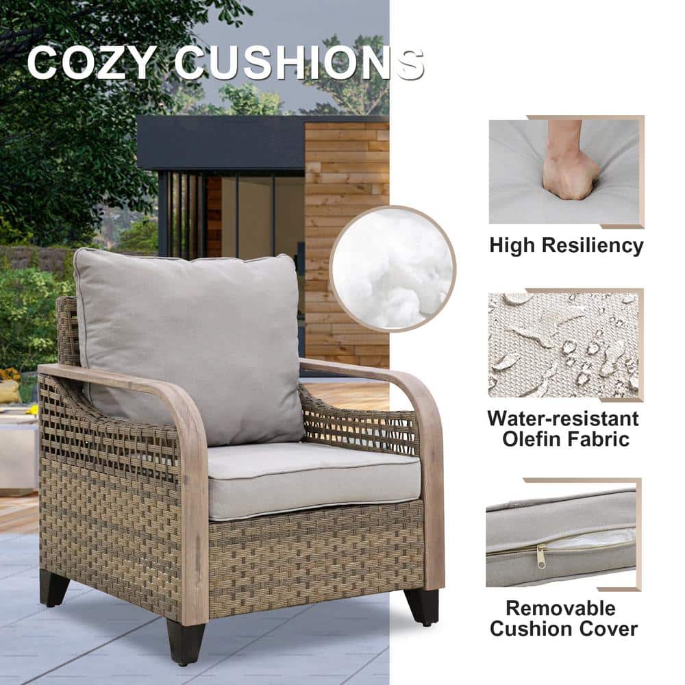5-Piece Brown Steel Wicker Patio Set with Gray Cushions