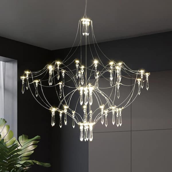 Estrella 1-Light 28.3 in. Integrated LED Crystal Chandelier in Silver Modern Starburst Ceiling Light for Living Rooms