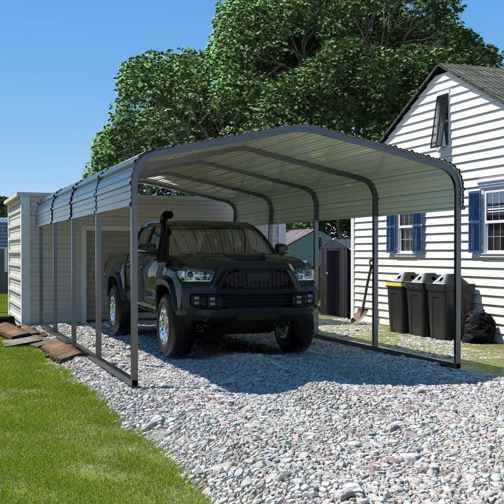 12' x 20' Gray Metal Carport with Peak Roof