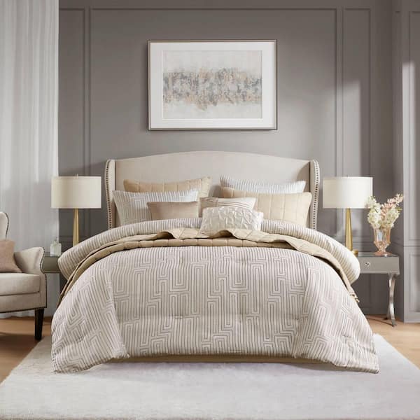 Hayden 10-Piece Ivory Geometric Polyester King Luxury Jacquard Comforter Set