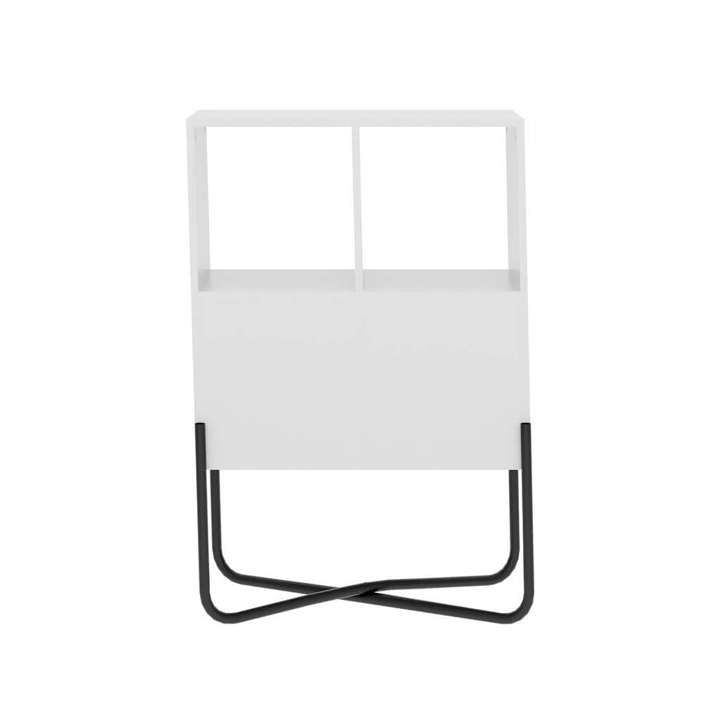 White and Walnut Geometric 2-Tier Bookcase with Black Cross-Legs
