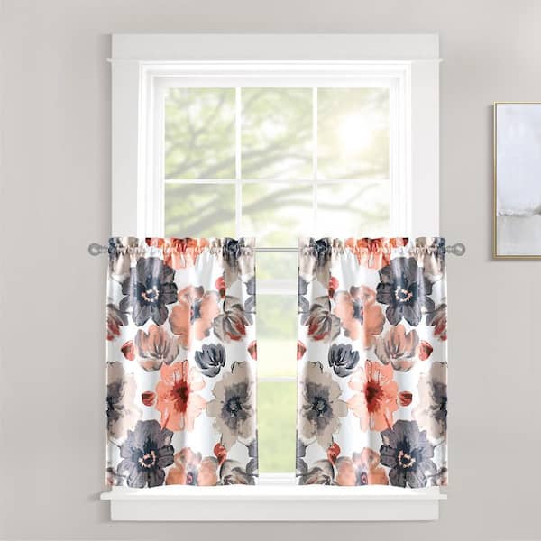 HOMEBOUTIQUE Leah Light Filtering Kitchen Tiers Coral/Gray 58X36+1.5 Set (Each 29X36+1.5)