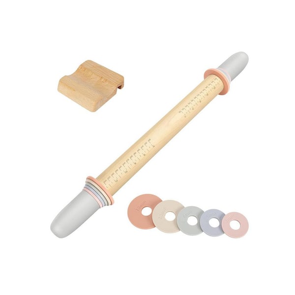 Adjustable Teak Wood Rolling Pin w 5 Thickness Rings, Handle Press Design, Measurement Guide for Baking Pizza Cookie