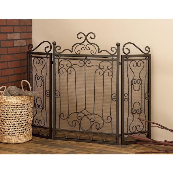 Brown Metal Scroll Foldable Mesh Netting 3 Panel Fireplace Screen