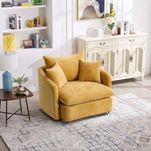 Dovrell Modern Yellow Chenille Upholstered Swivel Accent Arm Chair with Pillows