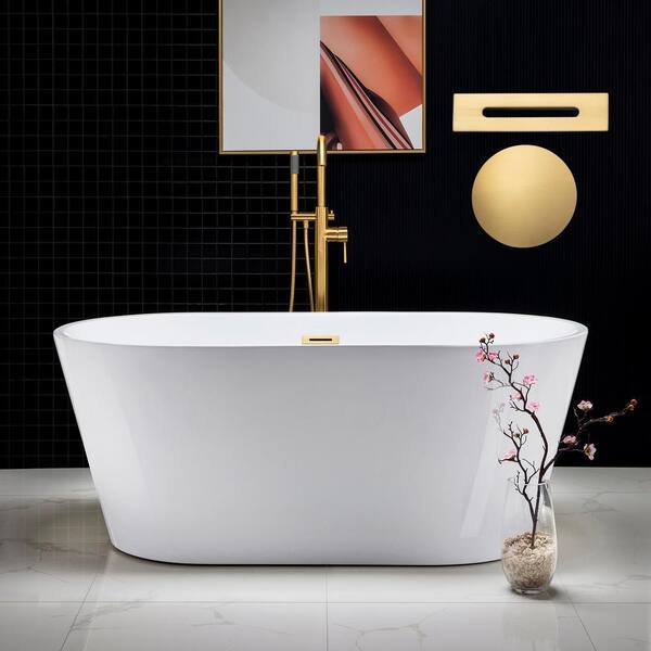 Vicino 59 in. Acrylic Flatbottom Double Ended Bathtub with Brushed Gold Overflow and Drain Included in White